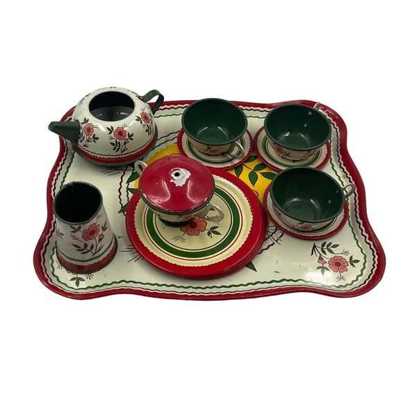 Antique 1930's Tin Ohio Art Co. Bryan Ohio Tea Set 14 Pieces Floral Pattern USA - Picture 1 of 11